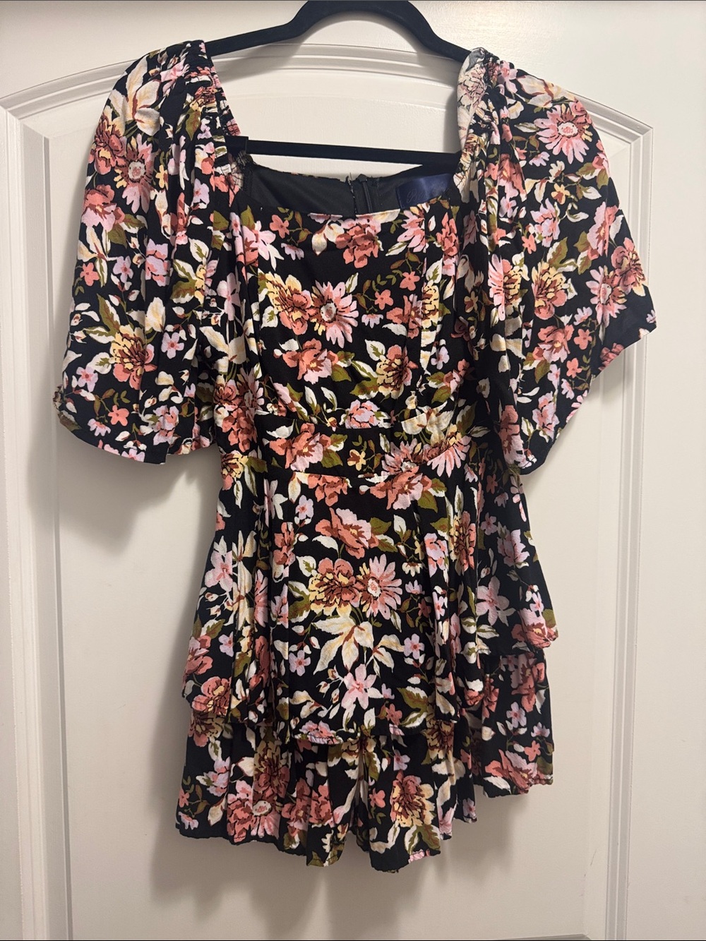 Blue Rain Black Floral Ruffle Dress with Pink & Peach Blooms